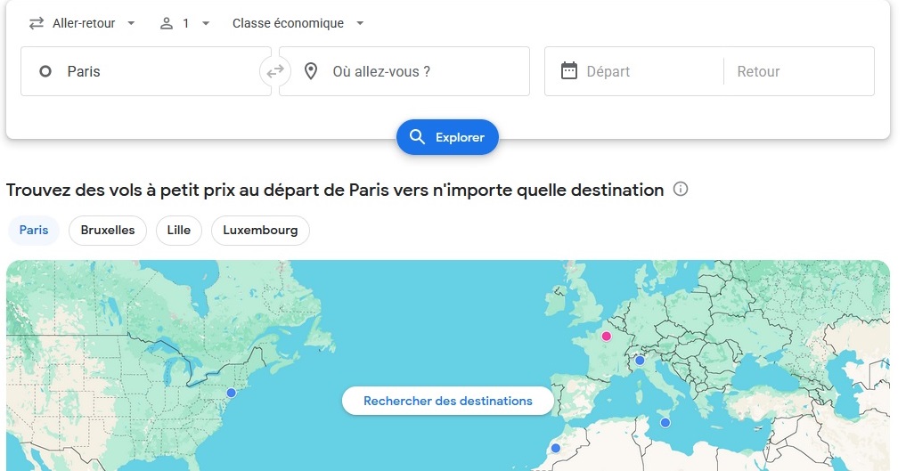 Vue de la page d'accueil de Google Flights