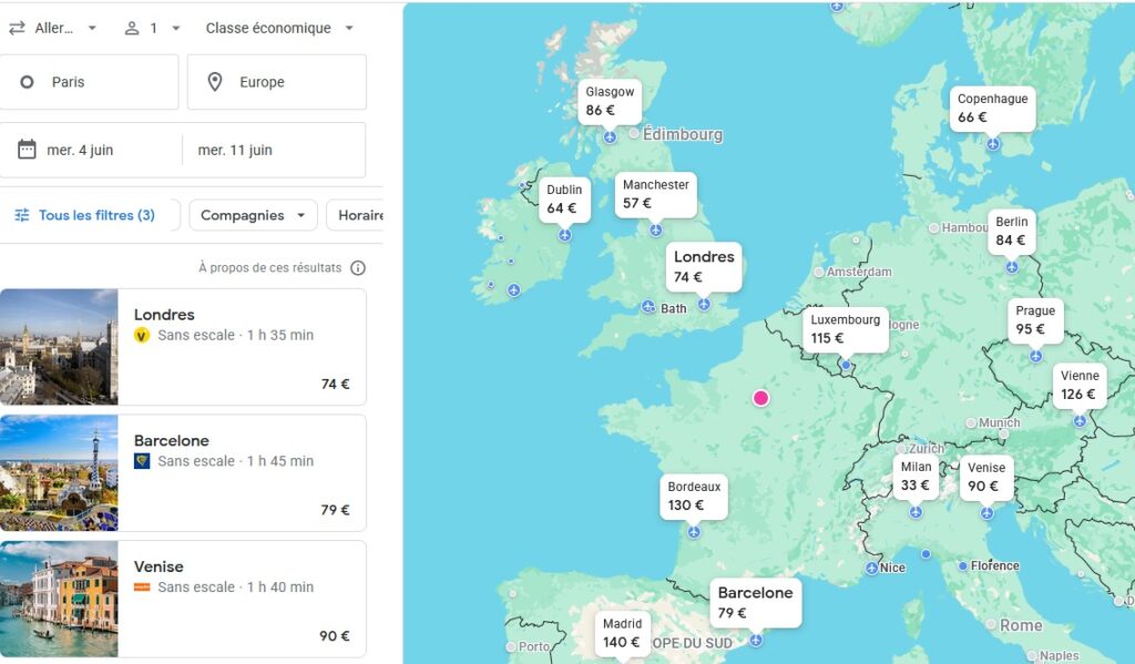 Vue planisphère sur Google Flights pour une recherche de vols en juin avec filtres