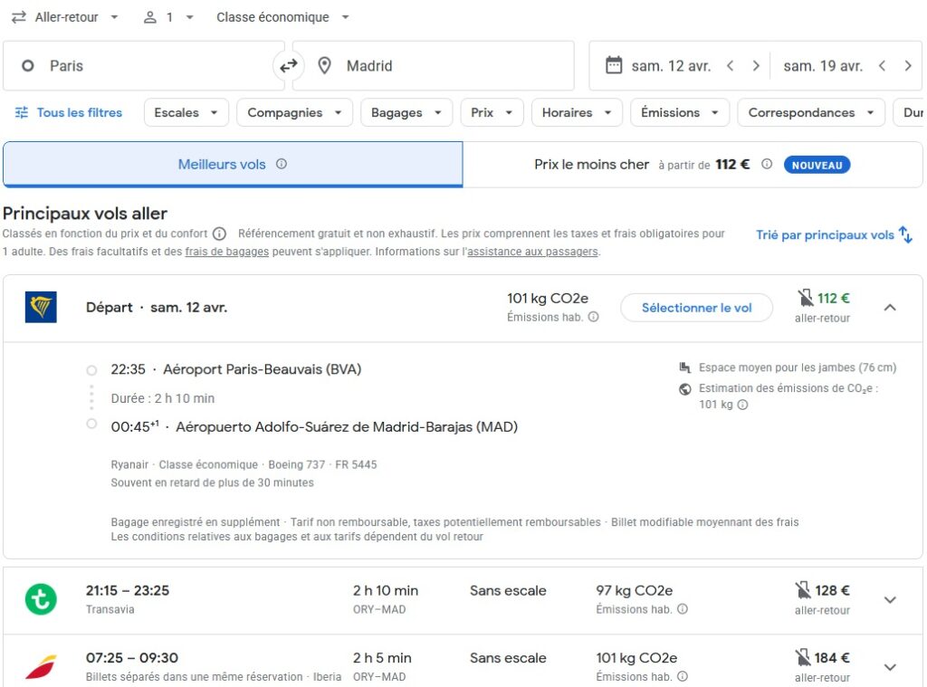 Détail d'un vol Ryanair lors d'une recherche Google Flights pour un vol Paris-Madrid