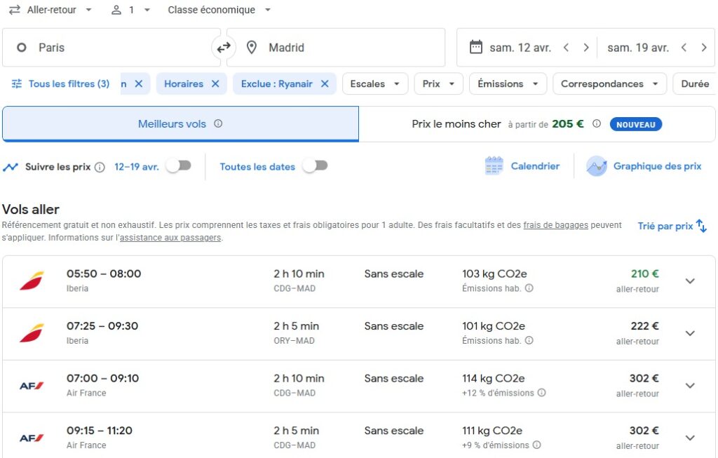 Résultats d'une recherche de vols Paris-Madrid avec filtres sur Google Flights