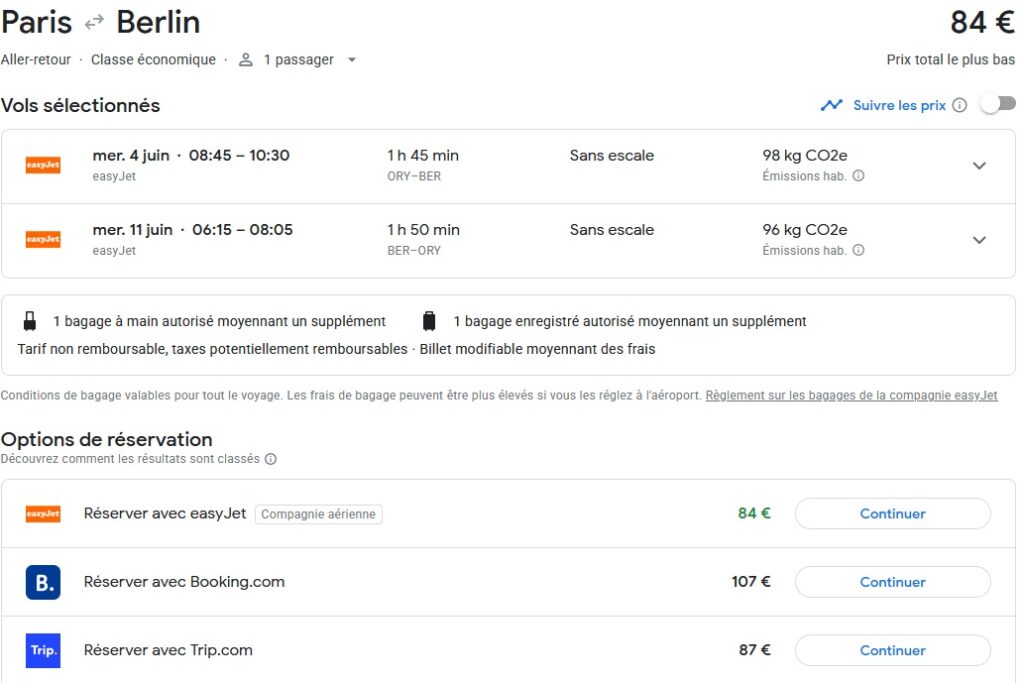 Détail des options de réservation avec Google Flights pour un vol Paris-Berlin avec Easyjet