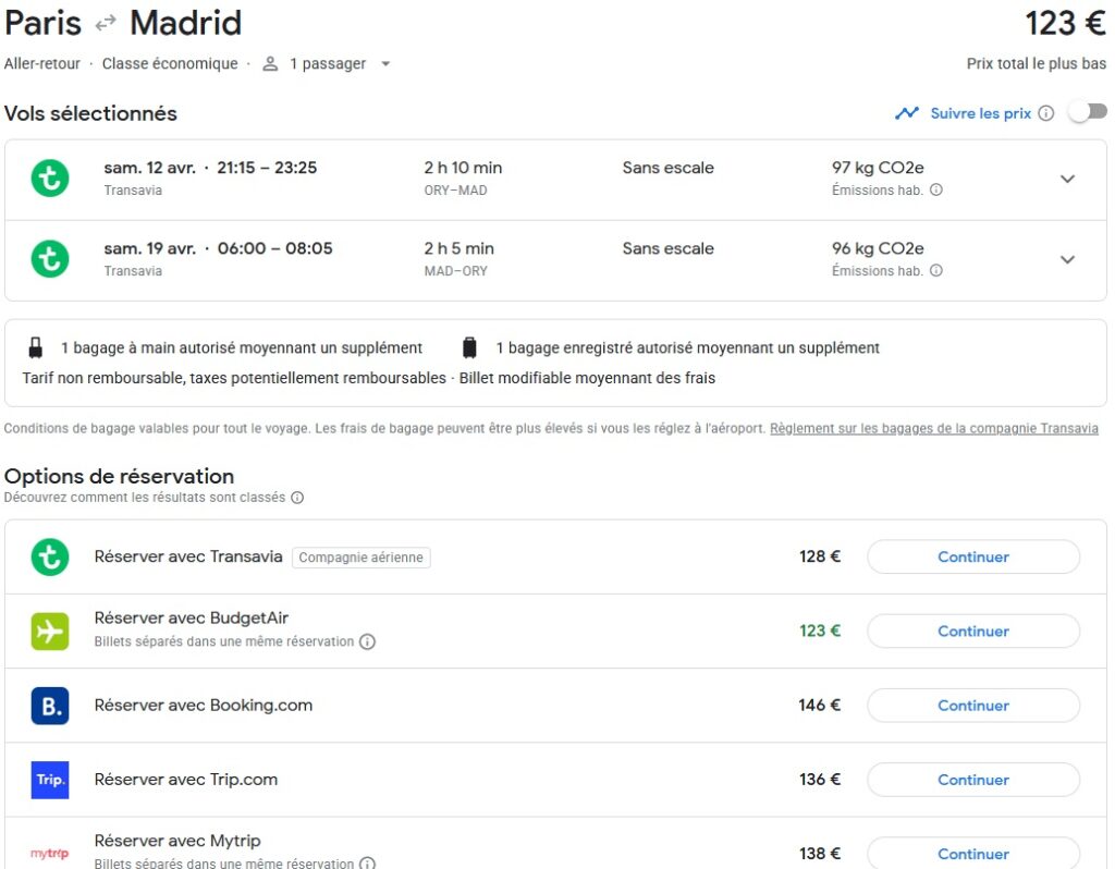 Détail des options de réservation pour un vol Paris-Madrid avec Transavia sur Google Flights