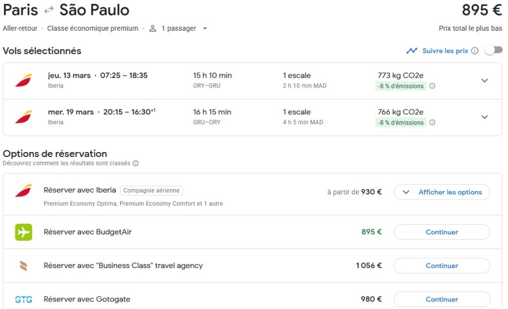 Résultats d'une recherche Google Flights pour un vol Paris-São Paulo en mars avec Iberia en cabine Premium