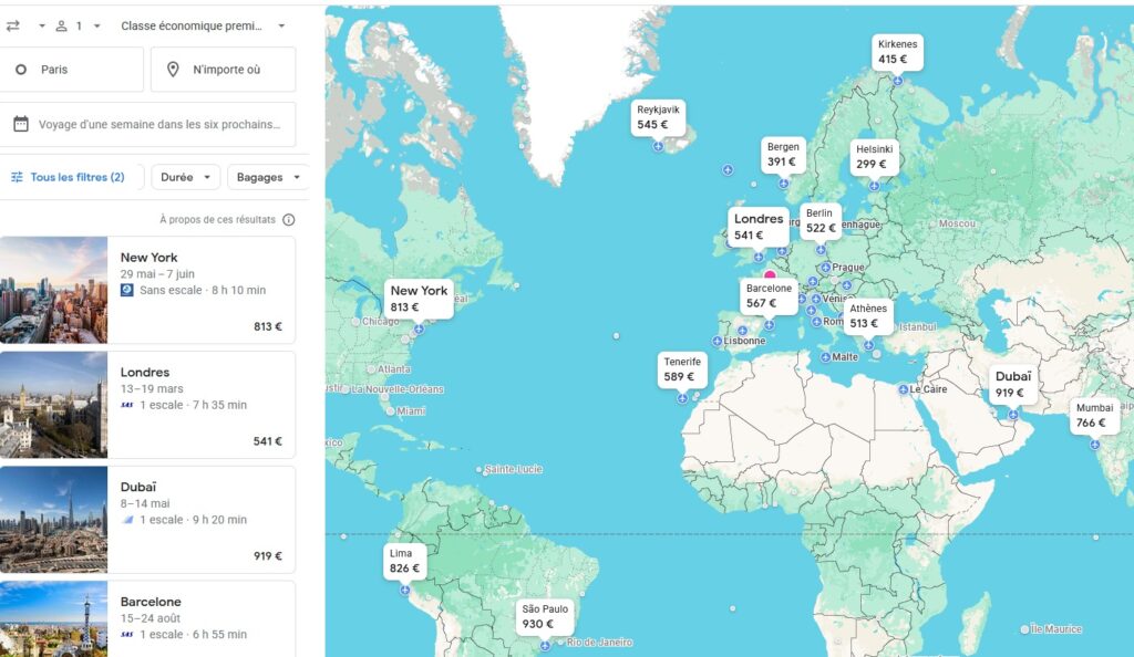 Vue planisphère des résultats d'une recherche Google Flights pour un voyage d'une semaine en Premium avec un budget de 1000€ et des dates flexibles